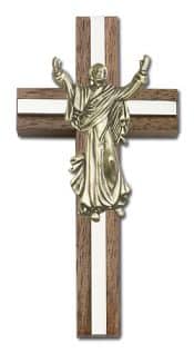 4 inch Contemporary Risen Christ Cross, Walnut w/ Antique Gold inlay