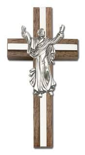 4 inch Contemporary Risen Christ Cross, Walnut w/ Antique Silver inlay