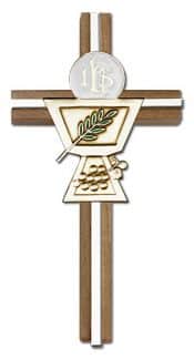 6 inch Enameled Communion Chalice Cross, Walnut w/ Antique Gold inlay