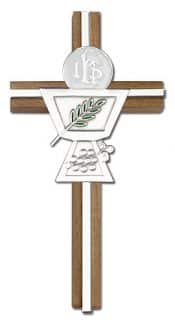 6 inch Enameled Communion Chalice Cross, Walnut w/ Antique Silver inlay