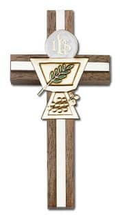 4 inch Enameled Communion Chalice Cross, Walnut w/ Antique Gold inlay