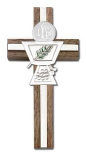 4 inch Enameled Communion Chalice Cross, Walnut w/ Antique Silver inlay