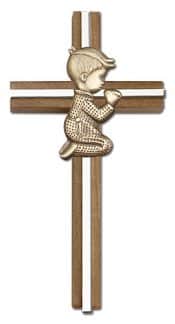 6 inch Praying Boy Cross, Walnut w/ Antique Gold inlay