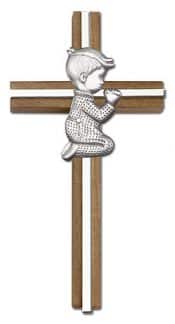 6 inch Praying Boy Cross, Walnut w/ Antique Silver inlay