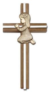 6 inch Praying Girl Cross, Walnut w/ Antique Gold inlay