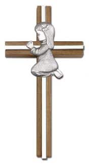 6 inch Praying Girl Cross, Walnut w/ Antique Silver inlay