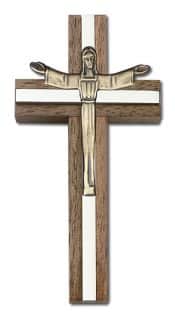 4 inch Risen Christ Cross, Walnut w/ Antique Gold inlay