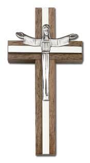 4 inch Risen Christ Cross, Walnut w/ Antique Silver inlay