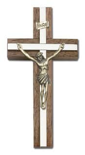 4 inch Antique Gold Crucifix, Walnut w/ Polished Silver Finish inlay
