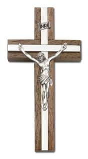 4 inch Antique Silver Crucifix, Walnut w/ Polished Silver Finish inlay