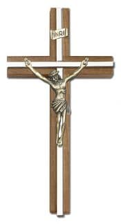 6 inch Antique Gold Crucifix, Walnut w/ Polished Silver Finish inlay