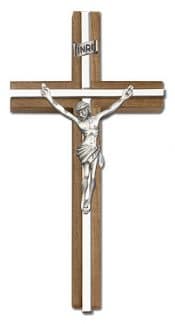 6 inch Antique Silver Crucifix, Walnut w/ Polished Silver Finish inlay