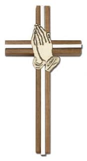 6 inch Praying Hands Cross, Walnut w/ Antique Gold inlay
