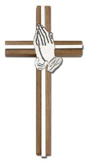 6 inch Praying Hands Cross, Walnut w/ Antique Silver inlay