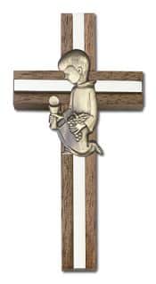 4 inch Communion Boy Cross, Walnut w/ Antique Gold inlay