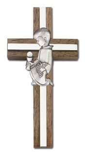 4 inch Communion Boy Cross, Walnut w/ Antique Silver inlay