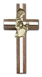 4 inch Communion Girl Cross, Walnut w/ Antique Gold inlay