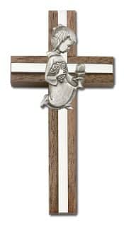 4 inch Communion Girl Cross, Walnut w/ Antique Silver inlay