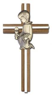 6 inch Communion Boy Cross, Walnut w/ Antique Gold inlay