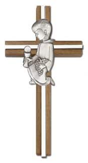 6 inch Communion Boy Cross, Walnut w/ Antique Silver inlay