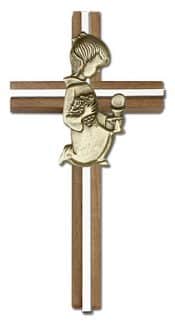 6 inch Communion Girl Cross, Walnut w/ Antique Gold inlay