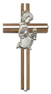 6 inch Communion Girl Cross, Walnut w/ Antique Silver inlay