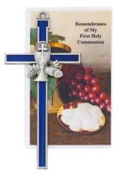 5" Blue Epoxy Communion Cross with Holy Card Boxed