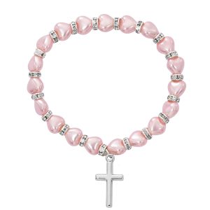 Pink Baby Stretch Bracelet and Sterling Cross Boxed