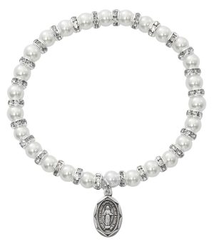 White Baby Stretch Bracelet and Sterling Medal Boxed