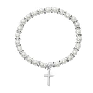 White Baby Stretch Bracelet and Pewter Cross Boxed