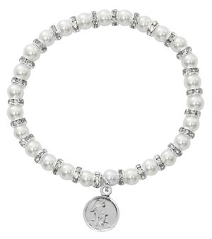 White Baby Stretch Bracelet and Pewter Angel Boxed