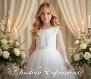 Girls First Communion Organza Bolero Jacket with Long Sleeves and Lace Appliques