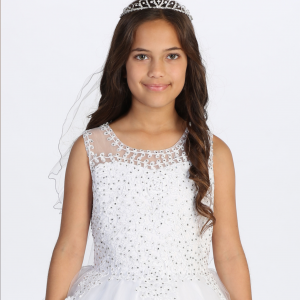 First Communion Tiara Veil with Maria Embroidery