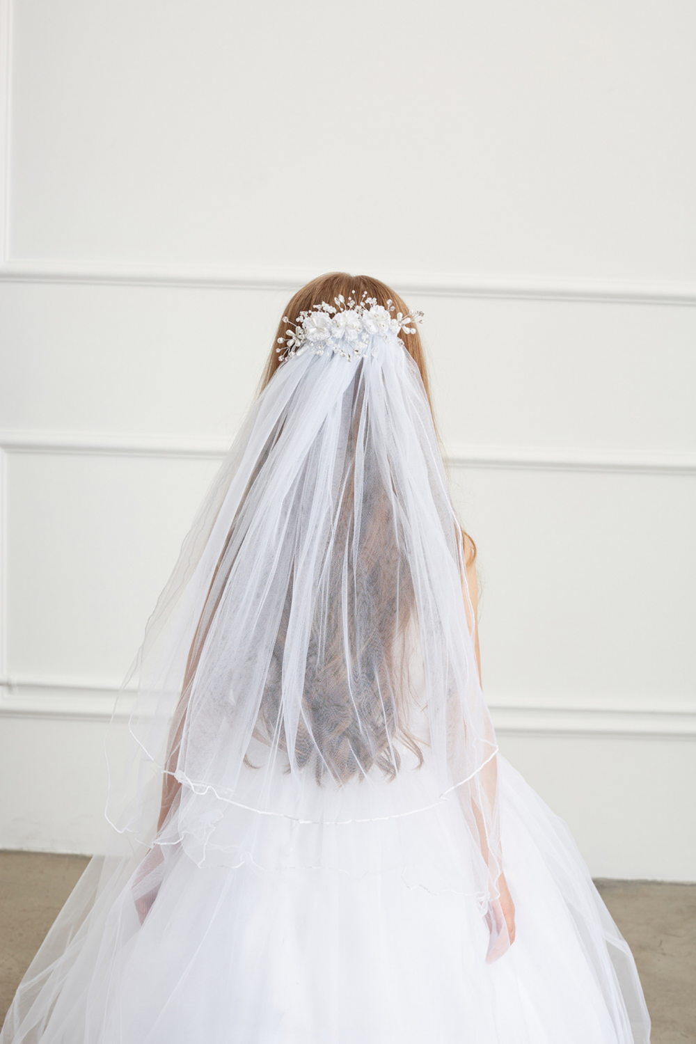 First Communion Veil with Crystals and Flowers on Comb