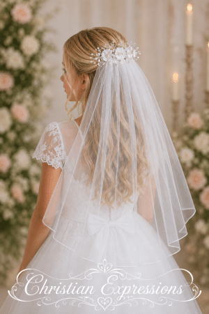 First Communion Veil with Crystals and Flowers on Comb