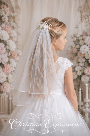 First Communion Veil with Crystals and Organza Flowers on Comb