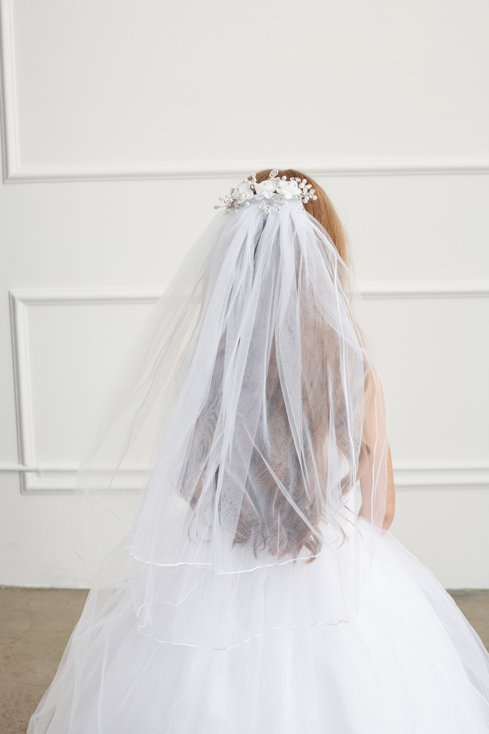 First Communion Veil with Crystals and Organza Flowers on Comb