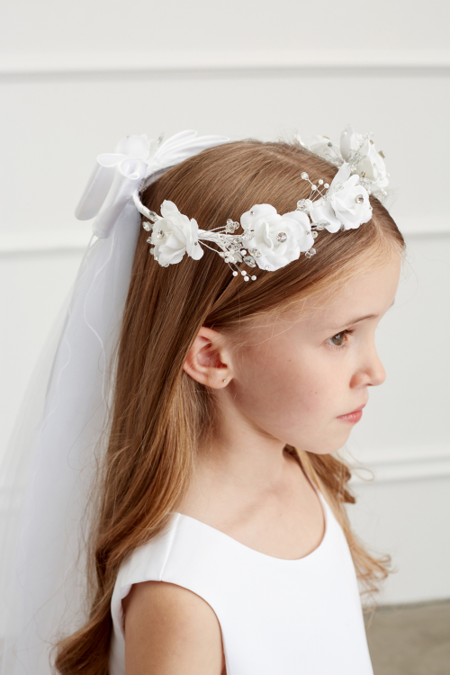 First Communion Wreath Veil with Large Satin Flowers Rhinestone Accent