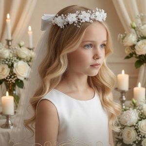 First Communion Wreath Veil with Satin Organza Flowers  display picture 1