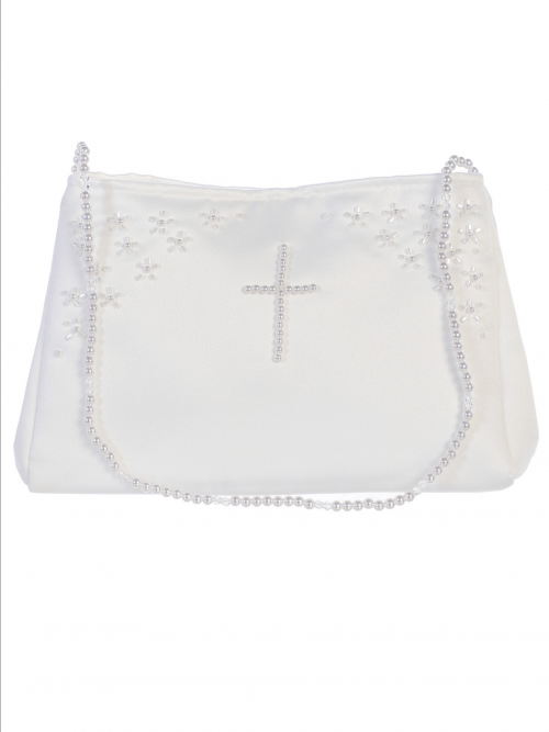 Girls Satin First Communion Purse with a Pearl Cross