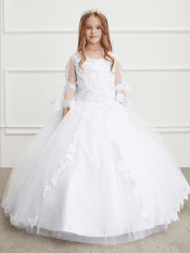 Organza First Communion Gown with Long Sleeves Embroidered Mary