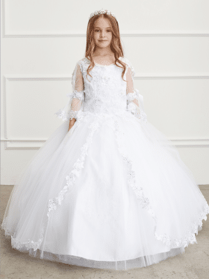 Organza First Communion Gown with Long Sleeves Embroidered Mary