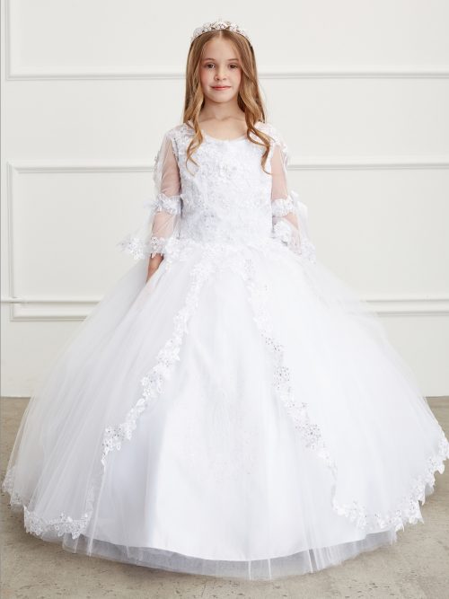 Organza First Communion Gown with Long Sleeves Embroidered Mary