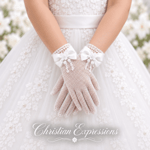 Girls Mesh First Communion Gloves with Satin Bow and Pearls