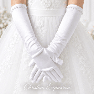 Girls Satin Elbow Length First Communion Gloves with Pearls