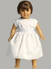 Satin First Communion Doll Dress with silver corded trim on waist