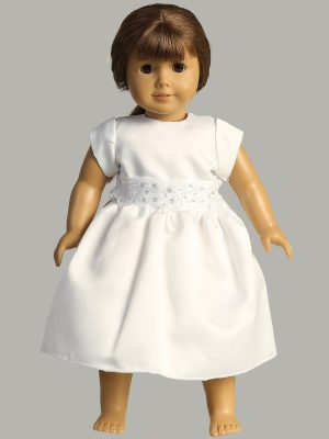 Satin First Communion Doll Dress with silver corded trim on waist