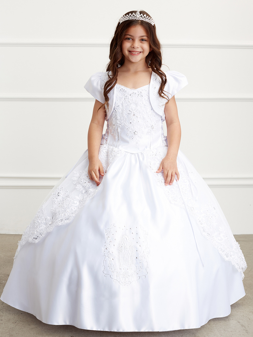 Satin First Communion Dress with Embroidered Maria