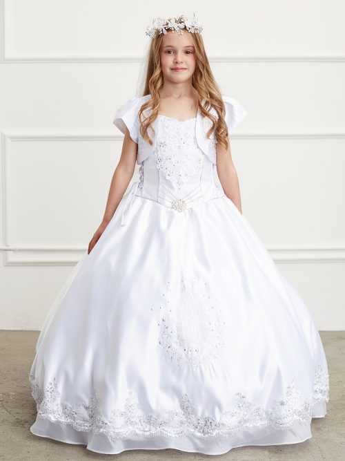 Satin First Communion Gowns with Our Lady of Guadalupe