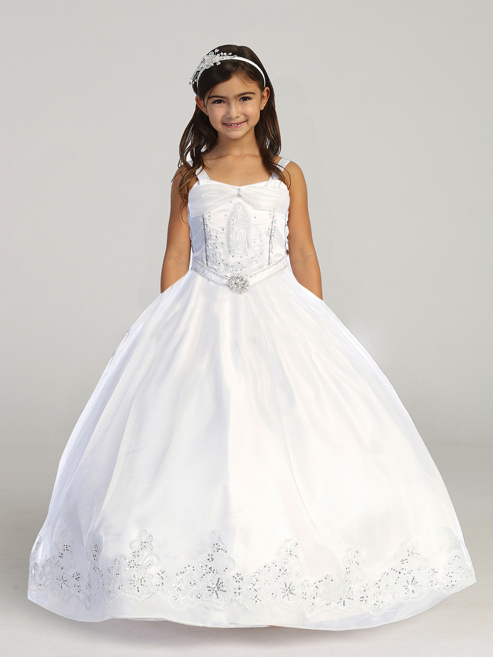 Satin First Communion Gown with Train and Virgin Mary